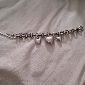 Silver Heart Charm Bracelet With Toggle Closure, Vintage, Not Sterling Silver